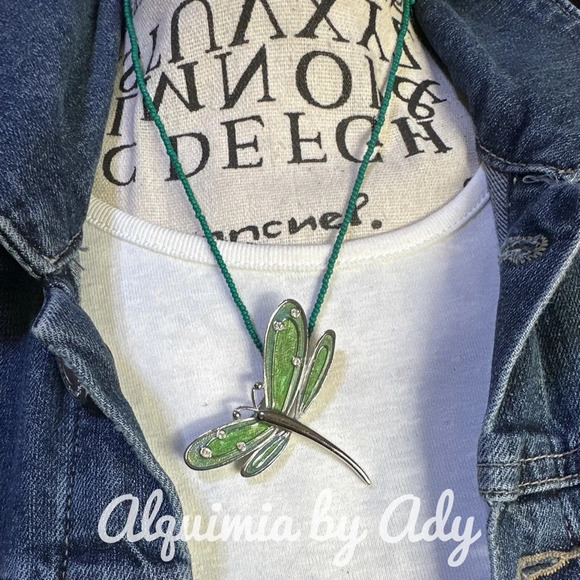 Vintage Dragonfly Cloissone big pendant enamel brooch beaded seed short neclace - Picture 1 of 3